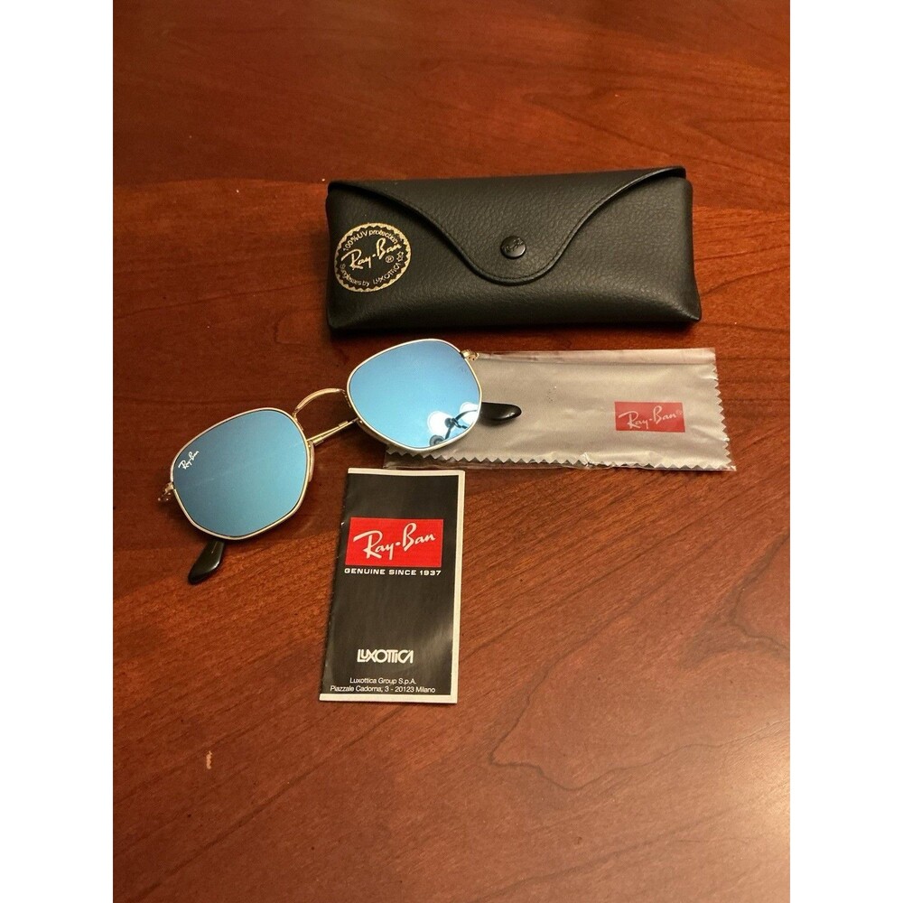 Ray-Ban Hexagonal Flat Lenses Gold RB 3548-N Blue Mirror 51mm Frame Case 26